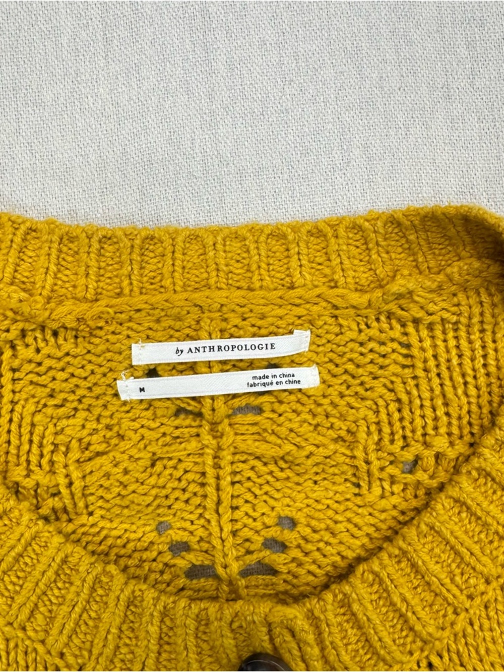 Anthropologie Mustard Yellow Cable Knit Puff Sleeve Cardigan Sweater Sz M - Picture 6 of 15